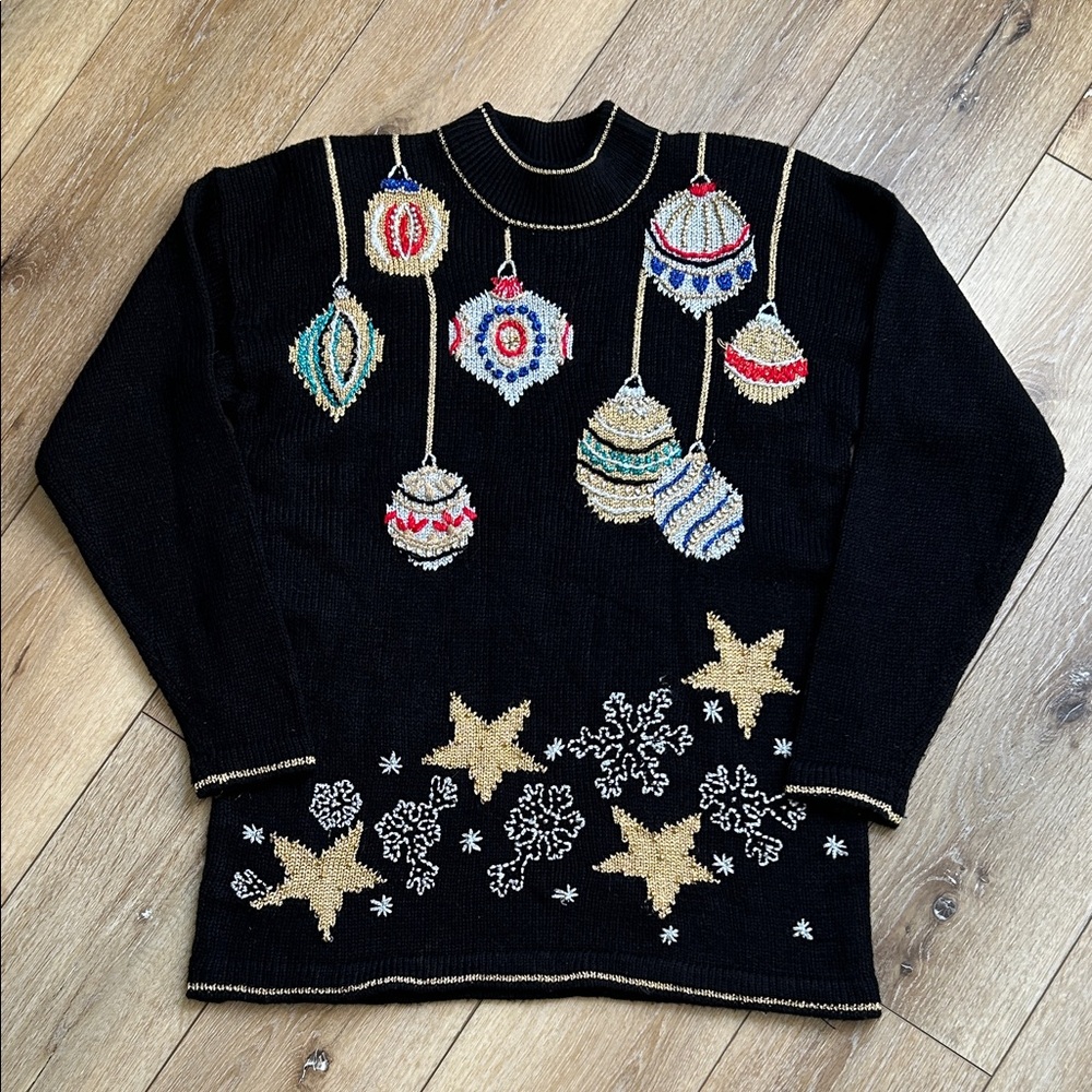 VTG 80S 90S DANA SCOTT Christmas SWEATER Ugly Long SLEEVE L Ornament Flashy